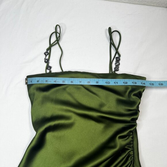 Zara Midi Satin Slip Dress Jewel Straps Ruched Party Fall Moss Green XS - Picture 5 of 14